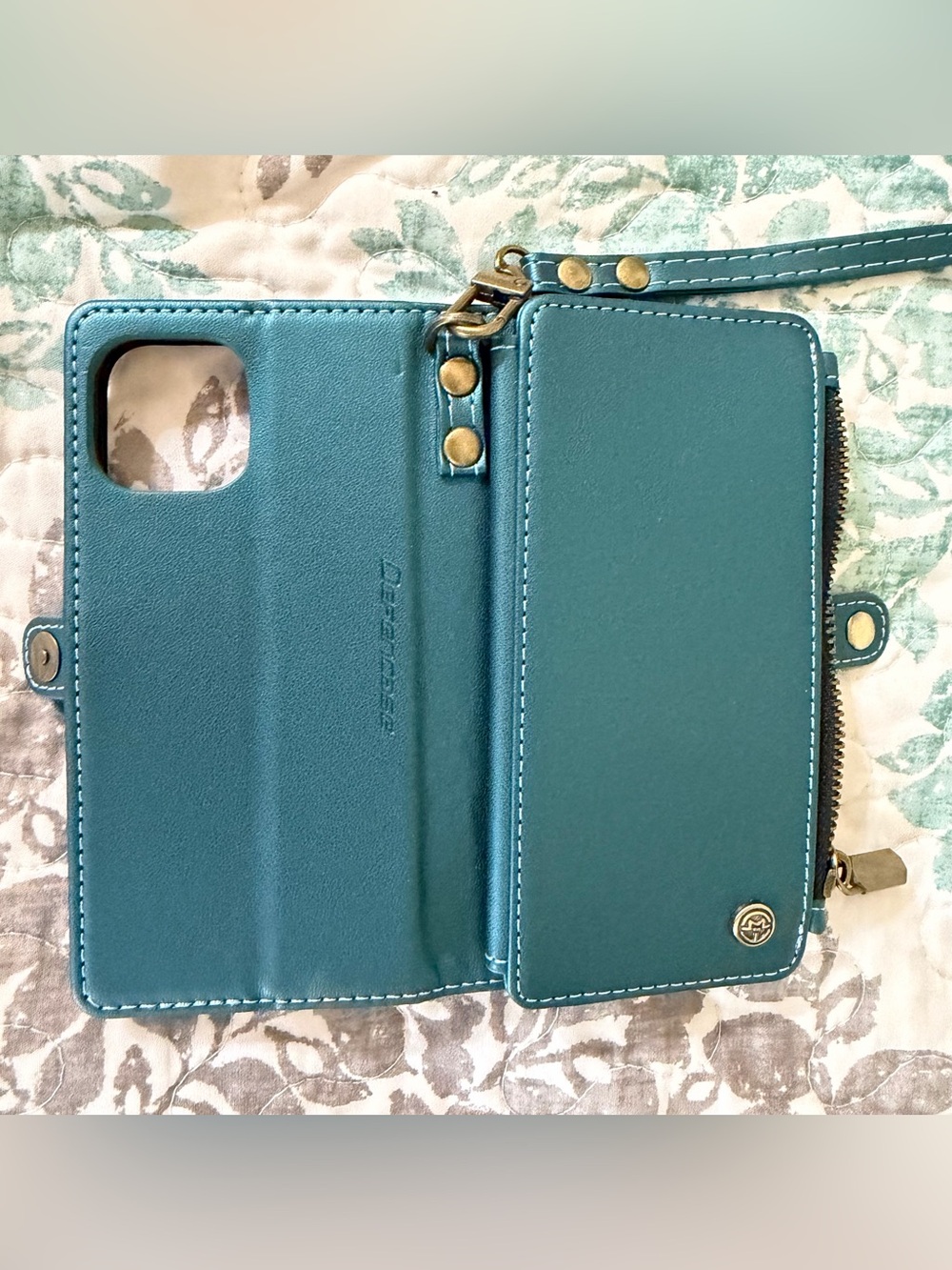 Teal Wallet Phone Case with Wrist Strap and Zippered Pocket